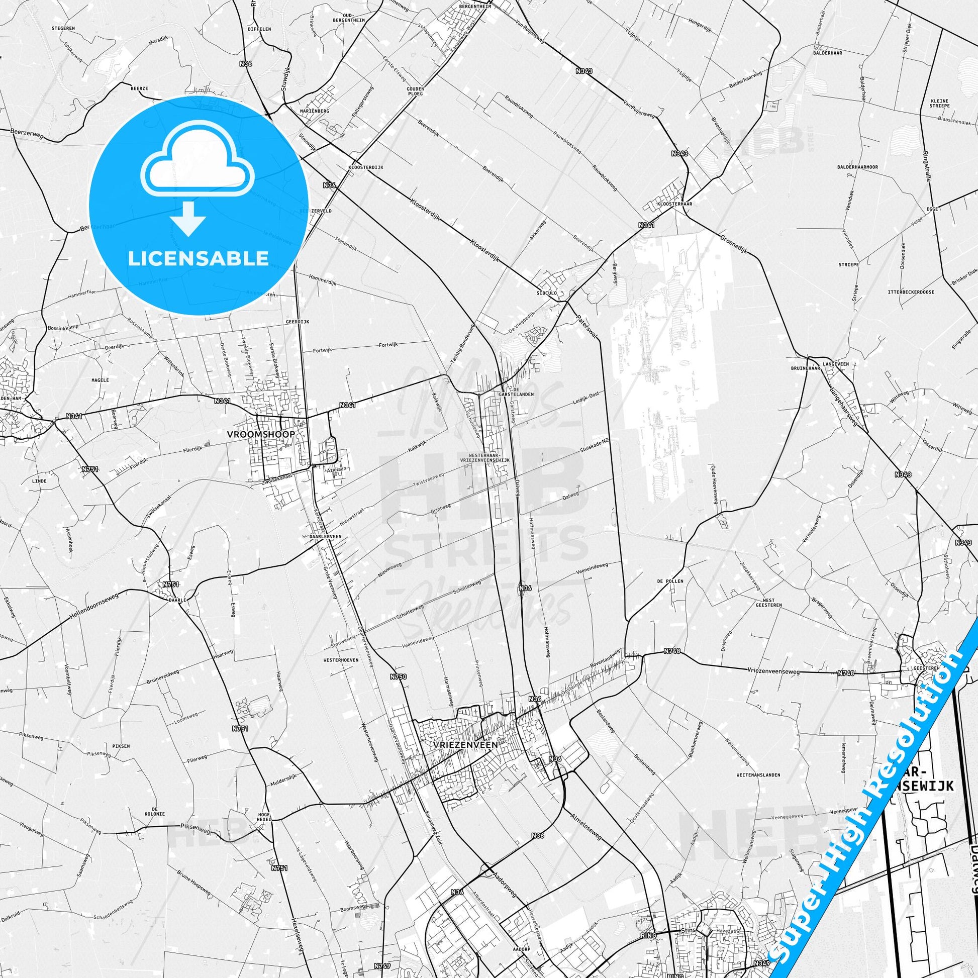 Twenterand, Netherlands light map with streetnames, citynames and districts