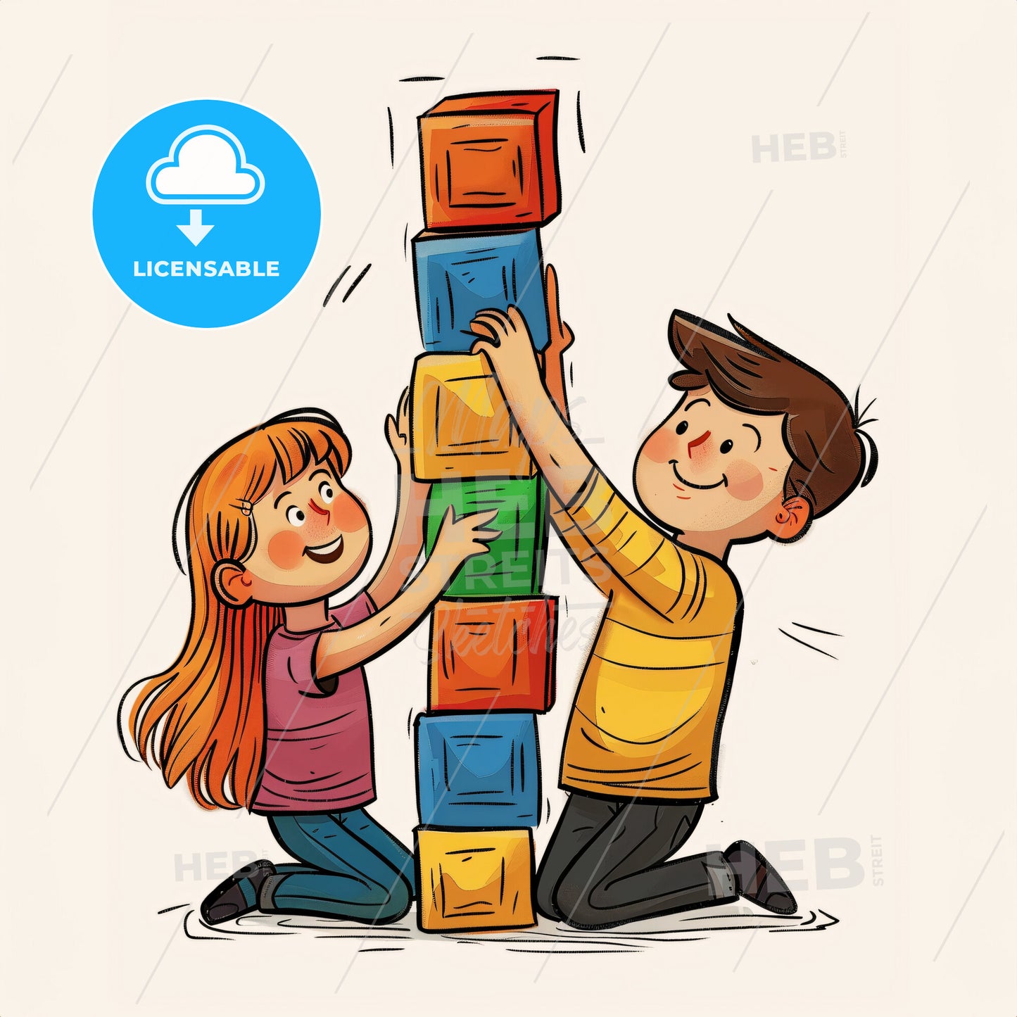 Two or three children working together to build a tall tower out of colorful blocks