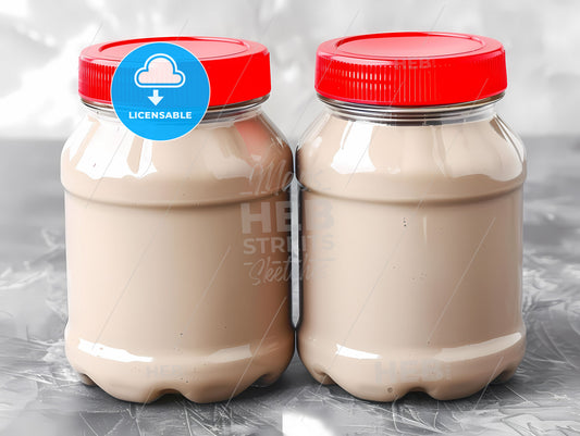 Vivid Painting: Minimalistic Art of Two Vibrant Empty Plastic Bottles with Scarlet Lids