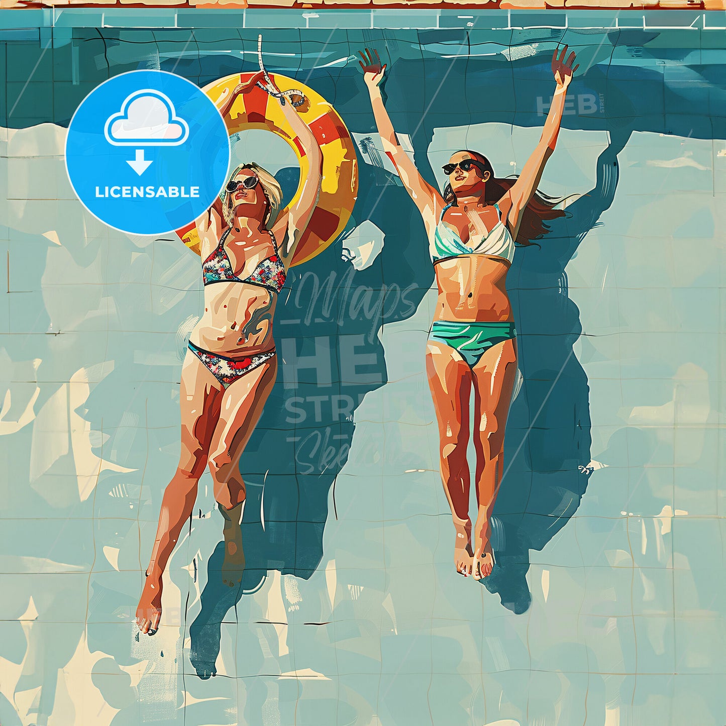 two woman wearing bathsuit are lying on a pool - Two women in garments floating on a pool