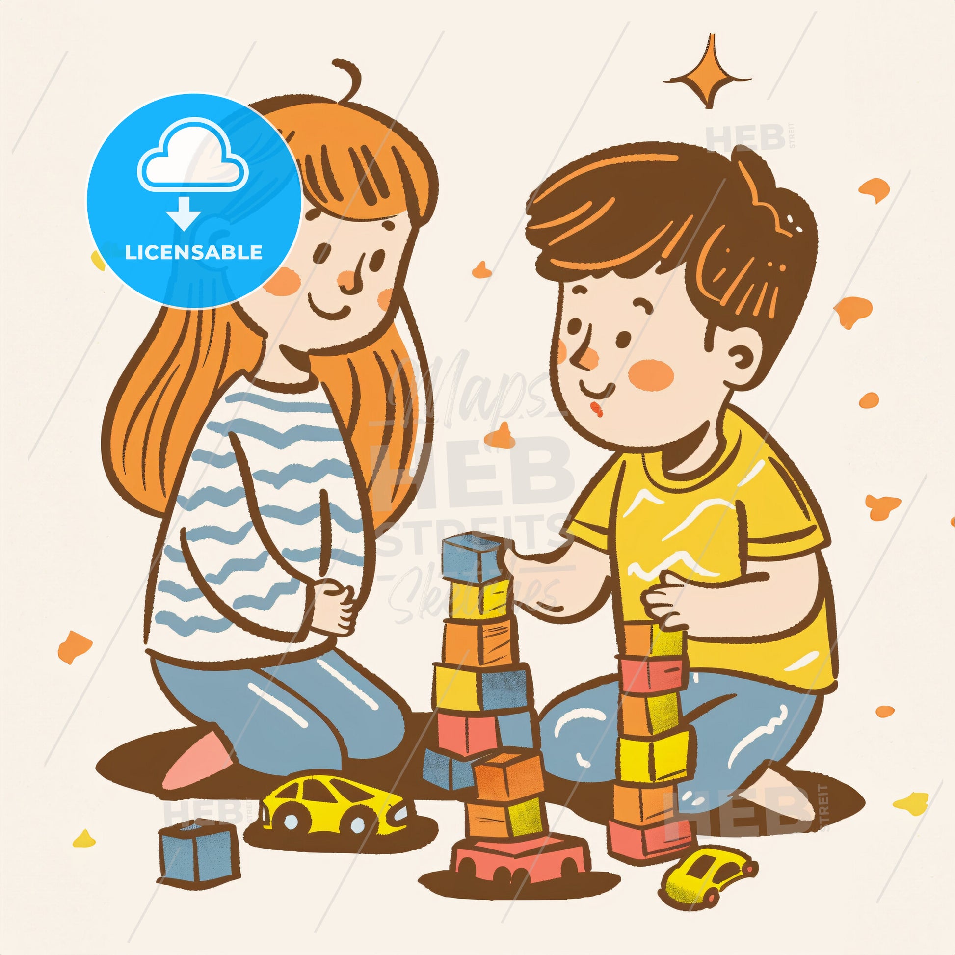 Two Young Children Sitting On The Floor Next To Each Other - A Boy And Girl Playing With Blocks