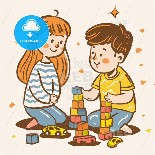 Two Young Children Sitting On The Floor Next To Each Other - A Boy And Girl Playing With Blocks