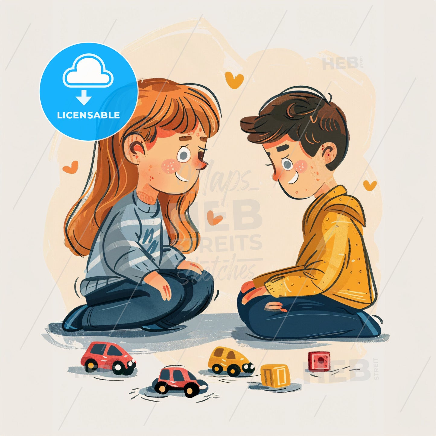 Two Young Children Sitting On The Floor Next To Each Other - A Cartoon Of A Boy And Girl Sitting On The Floor With Toy Cars
