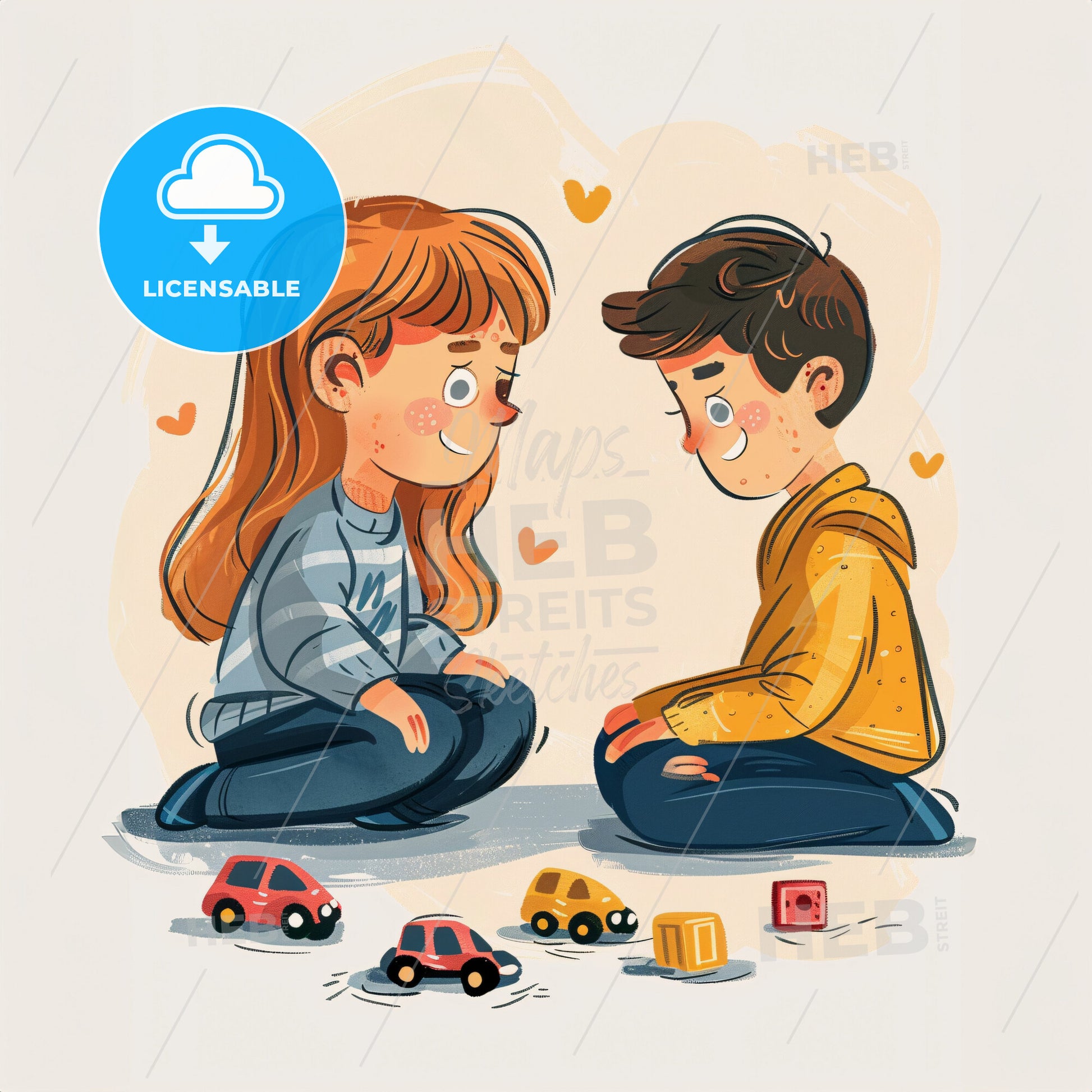 Two Young Children Sitting On The Floor Next To Each Other - A Cartoon Of A Boy And Girl Sitting On The Floor With Toy Cars