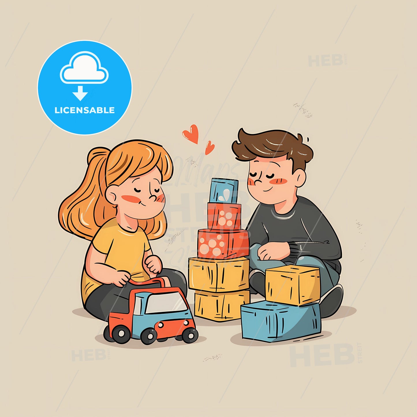 Two Young Children Sitting On The Floor Next To Each Other - A Boy And Girl Playing With Blocks