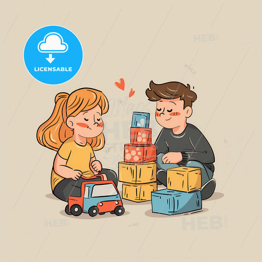 Two Young Children Sitting On The Floor Next To Each Other - A Boy And Girl Playing With Blocks