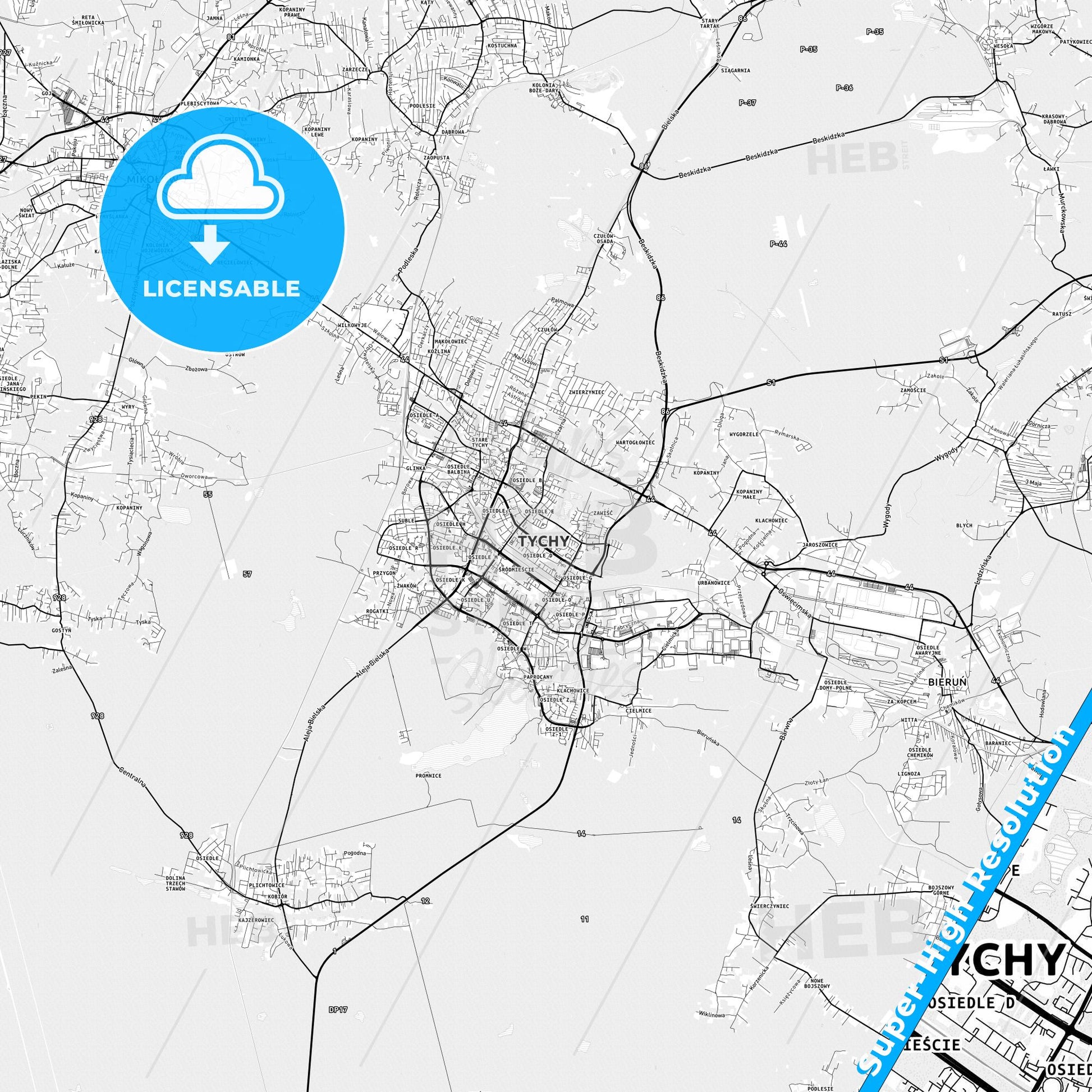 Tychy, Poland light map with streetnames, citynames and districts