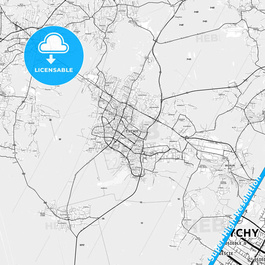 Tychy, Poland light map with streetnames, citynames and districts