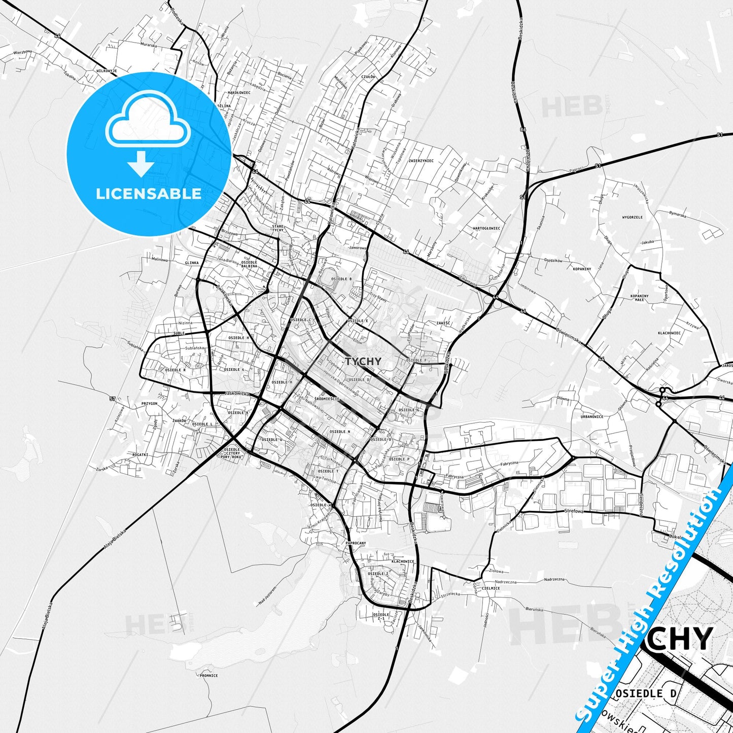 Tychy, Poland Light Map with Street Names, City Names, and Districts