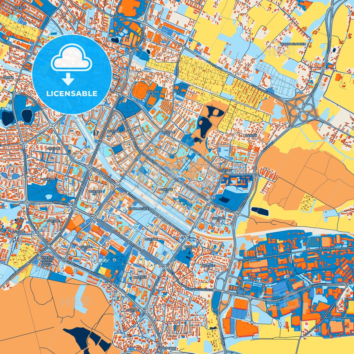 Colorful Tychy Street Map with Labels and Buildings