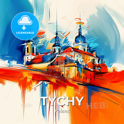 Vibrant Tychy, Poland - A Painting Of A Building With Towers And A Blue And Orange Background - Square format print template