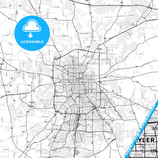 Tyler, Texas light map with streetnames, citynames and districts
