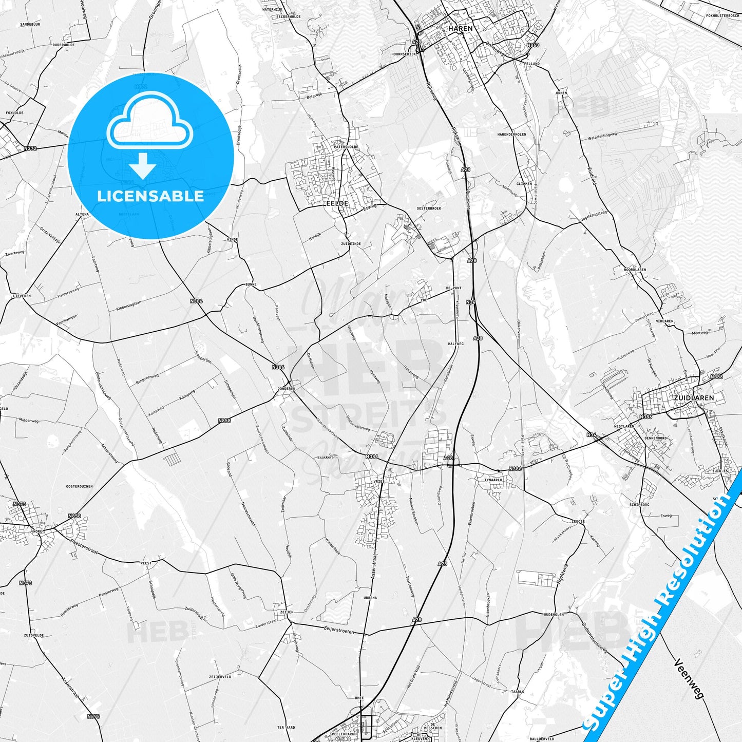 Tynaarlo, Netherlands light map with streetnames, citynames and districts