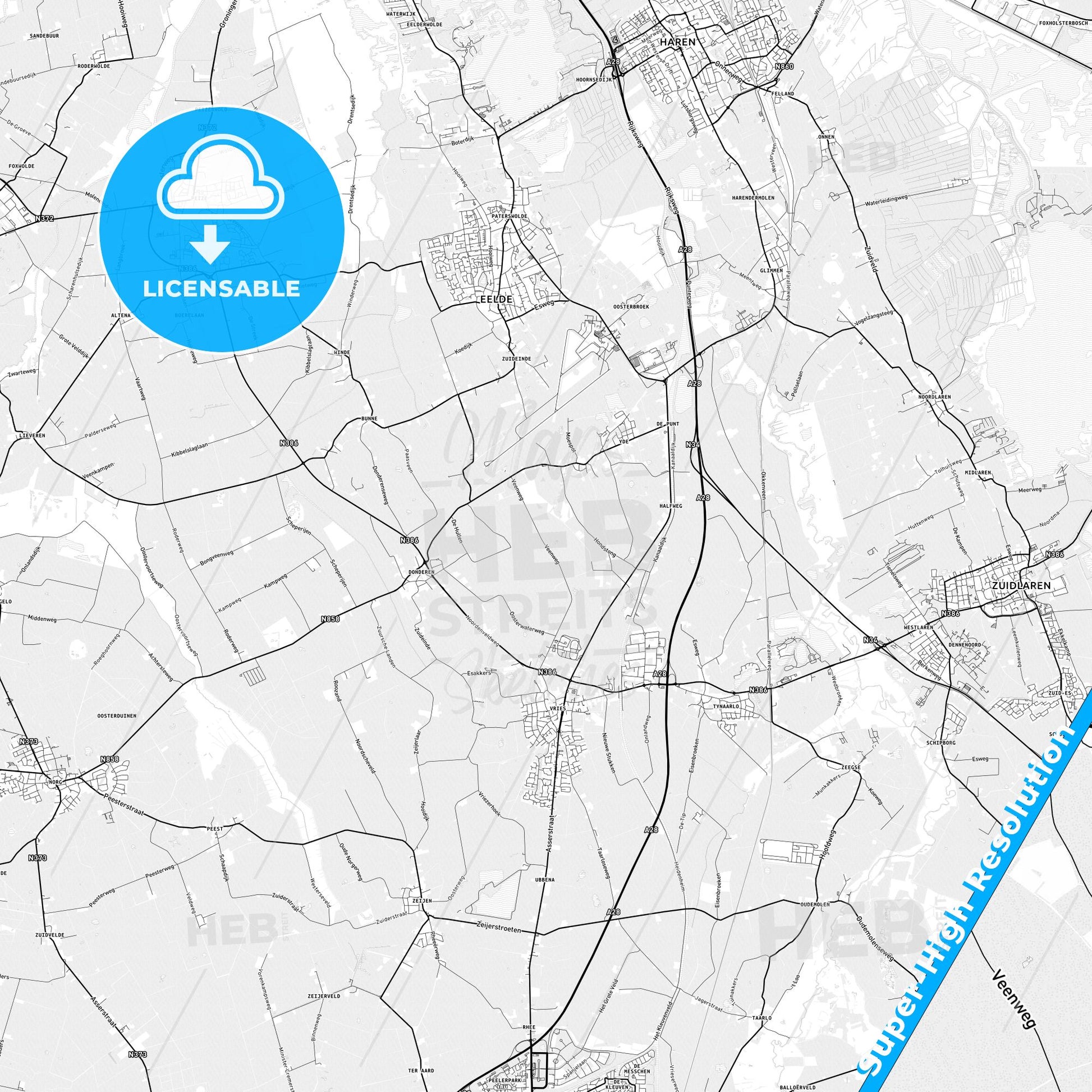 Tynaarlo, Netherlands light map with streetnames, citynames and districts