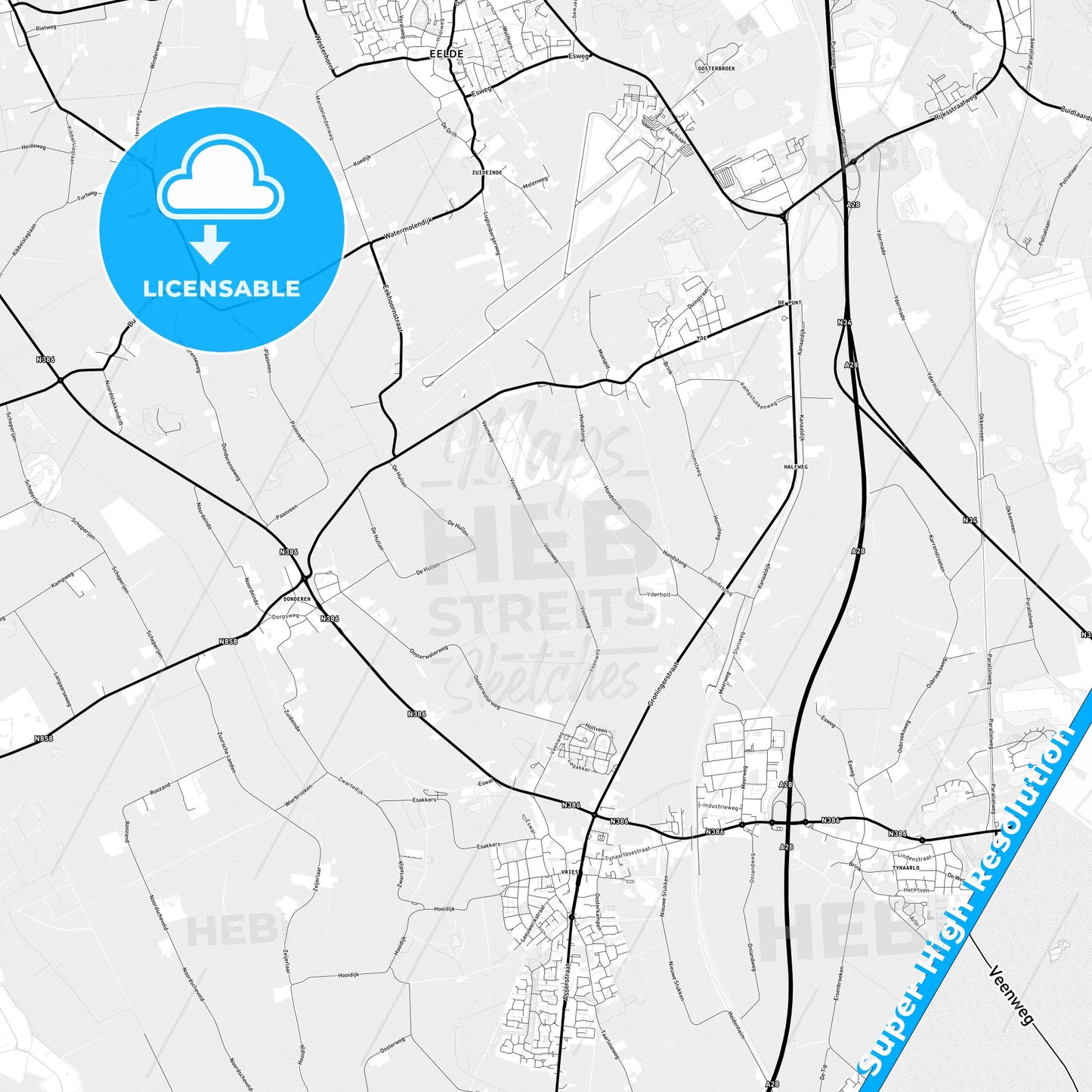 Tynaarlo, Netherlands Light Map with Street Names, City Names, and Districts