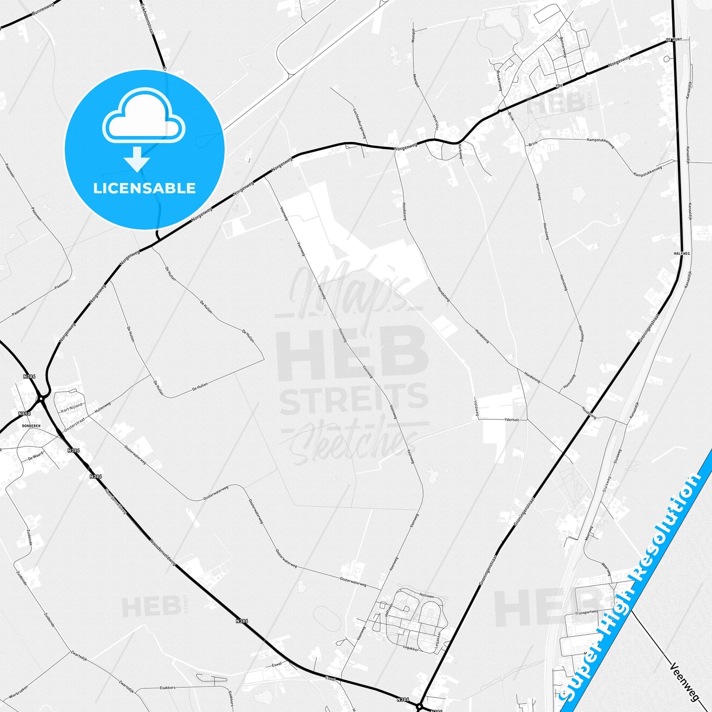 Tynaarlo, Netherlands Light Map with Street Names, City Names, and Districts