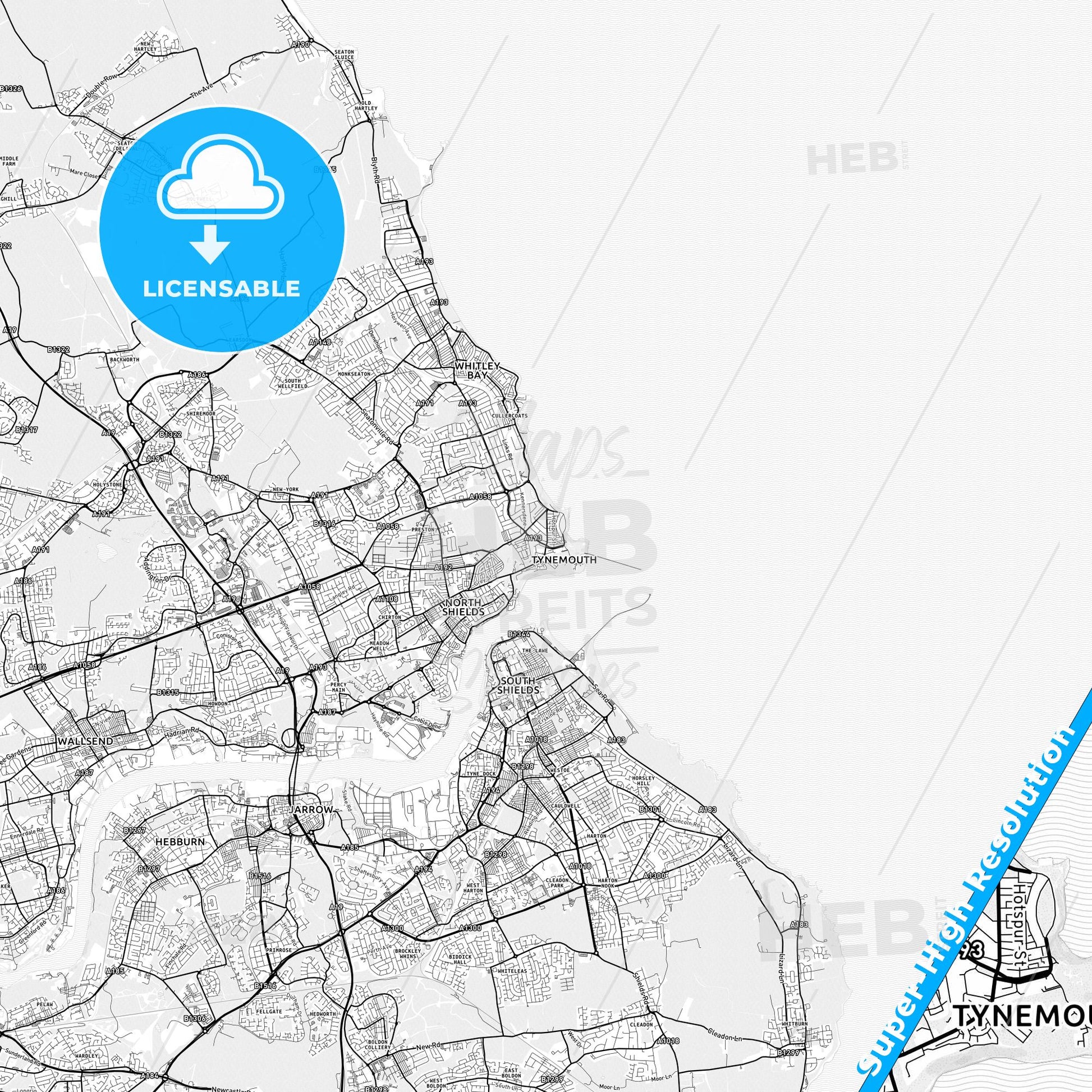 Tynemouth, England light map with streetnames, citynames and districts