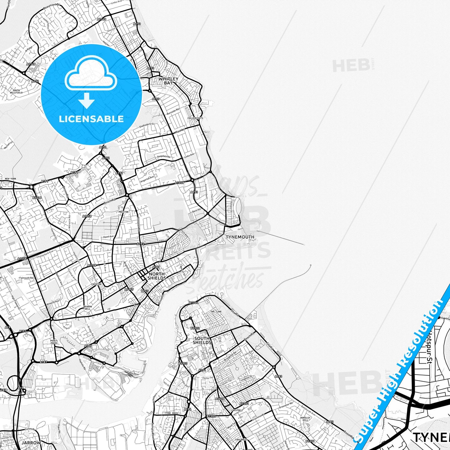 Tynemouth, England Light Map with Street Names, City Names, and Districts