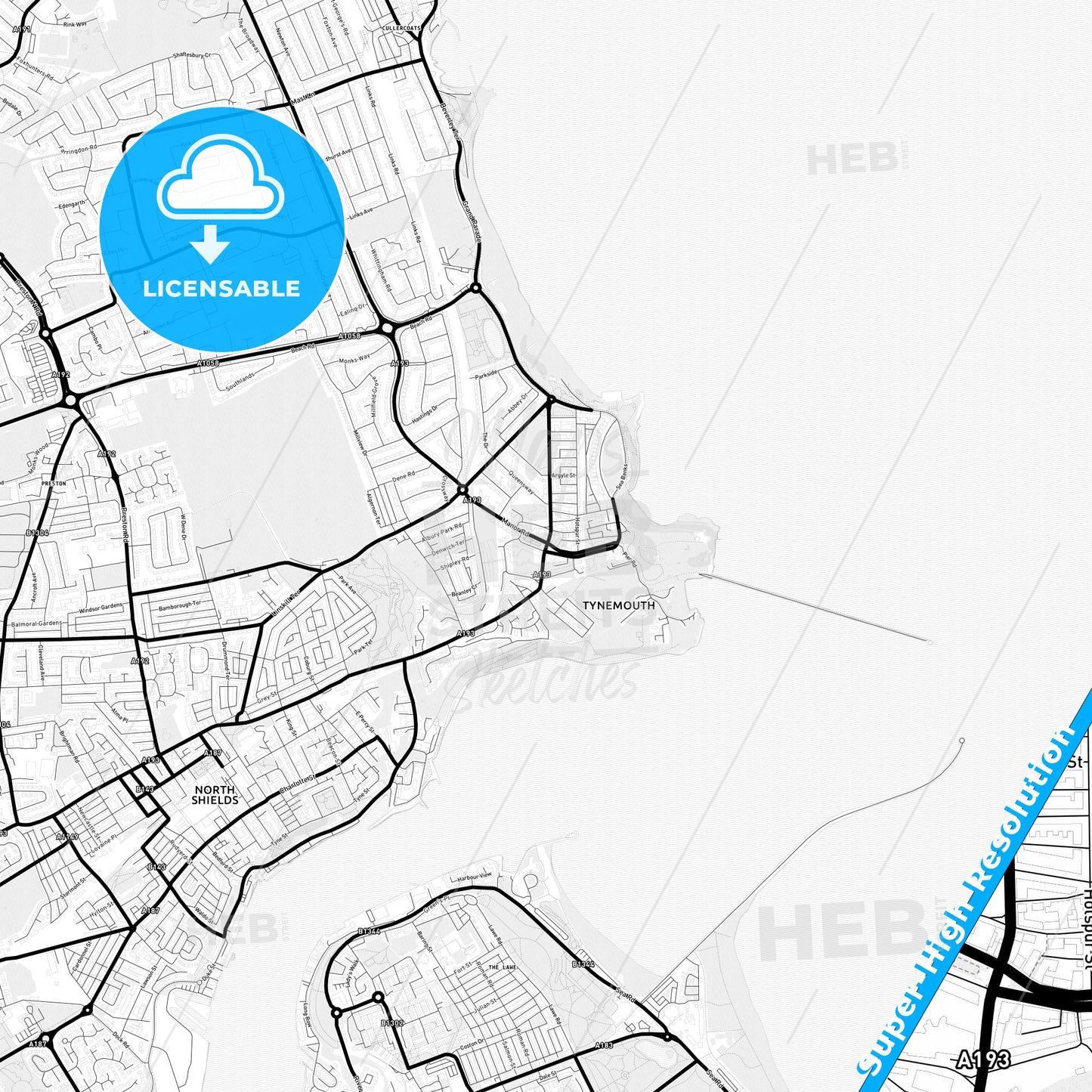 Tynemouth, England Light Map with Street Names, City Names, and Districts