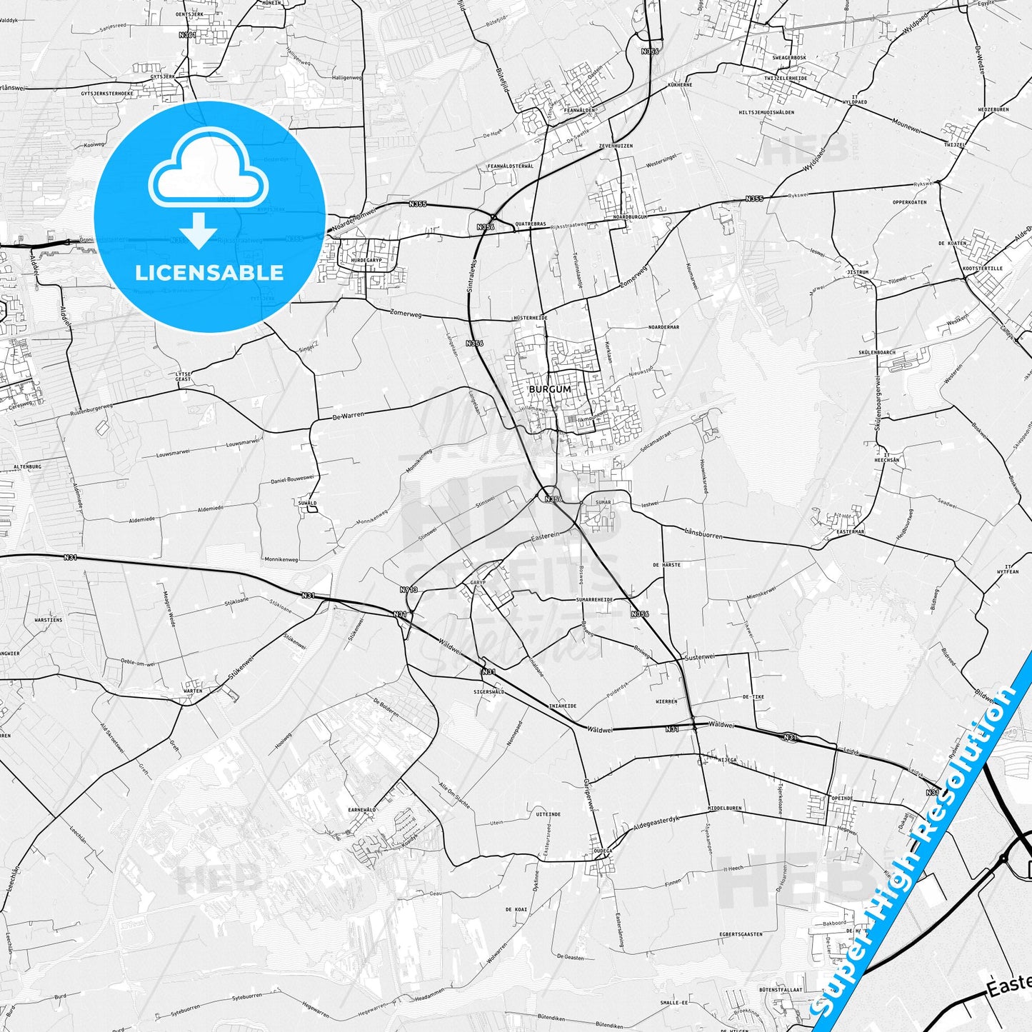 Tytsjerksteradiel, Netherlands light map with streetnames, citynames and districts