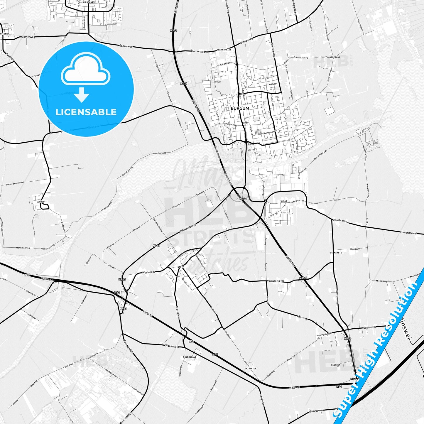 Tytsjerksteradiel, Netherlands Light Map with Street Names, City Names, and Districts