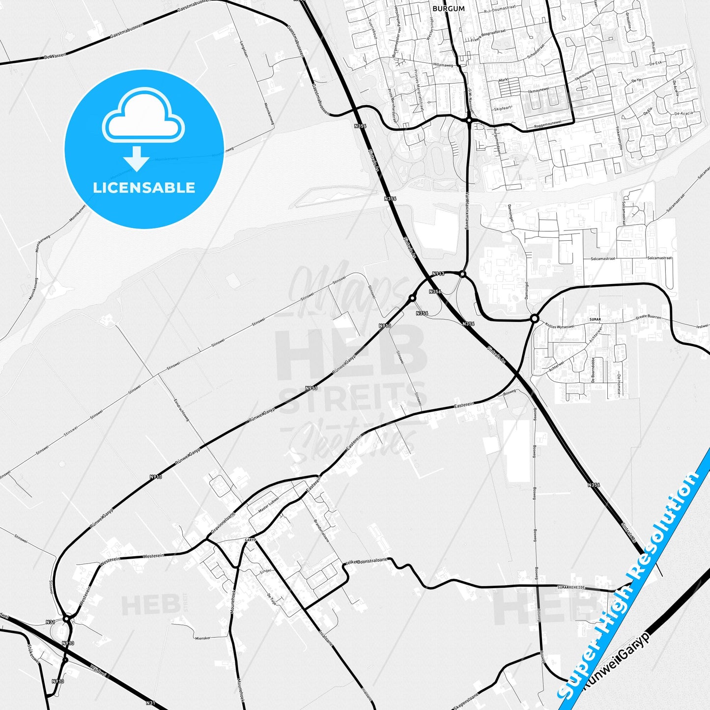 Tytsjerksteradiel, Netherlands Light Map with Street Names, City Names, and Districts