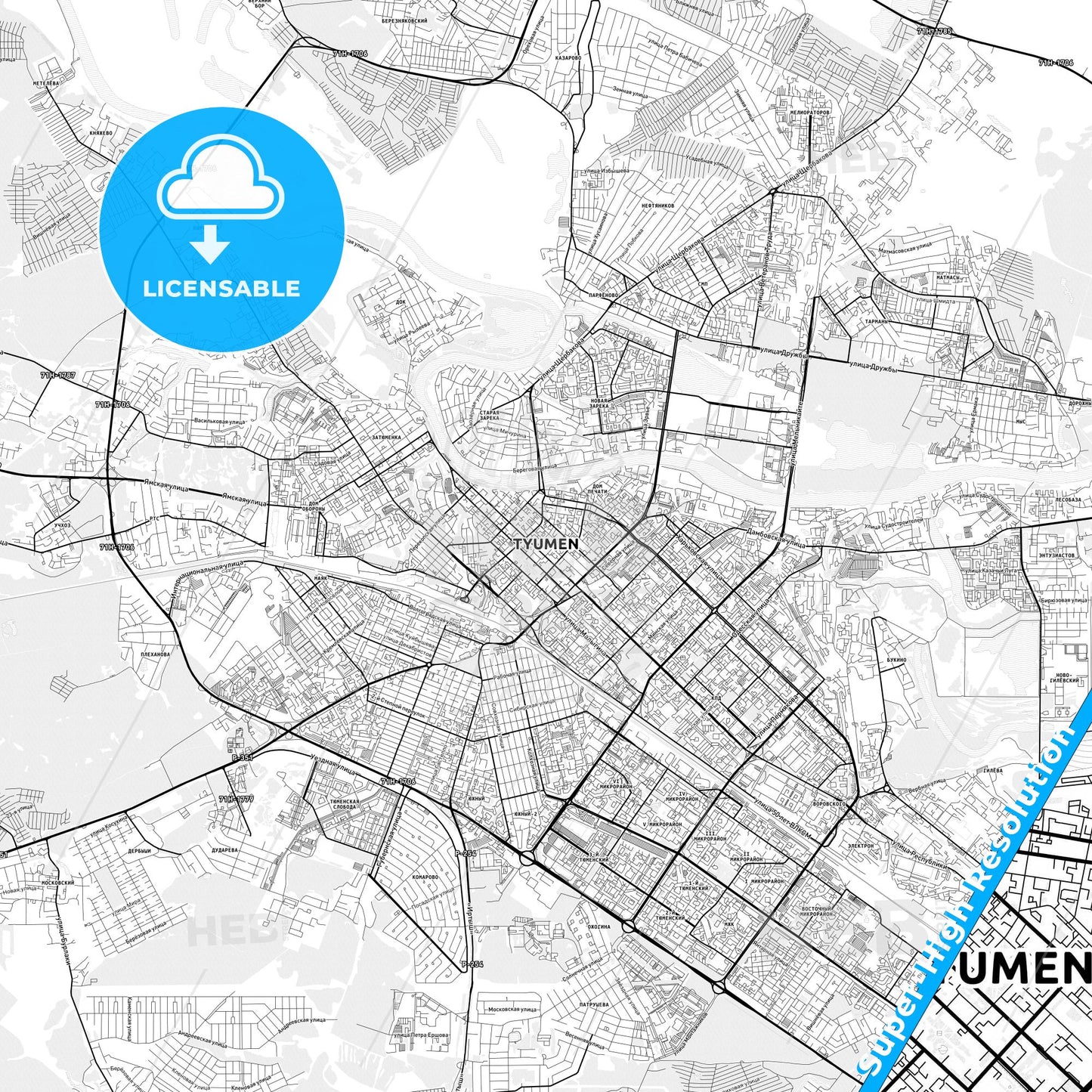 Tyumen, Russia light map with streetnames, citynames and districts