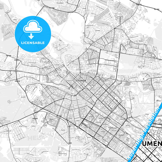 Tyumen, Russia light map with streetnames, citynames and districts