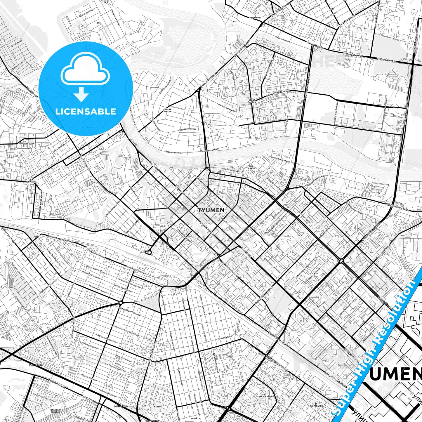 Tyumen, Russia Light Map with Street Names, City Names, and Districts