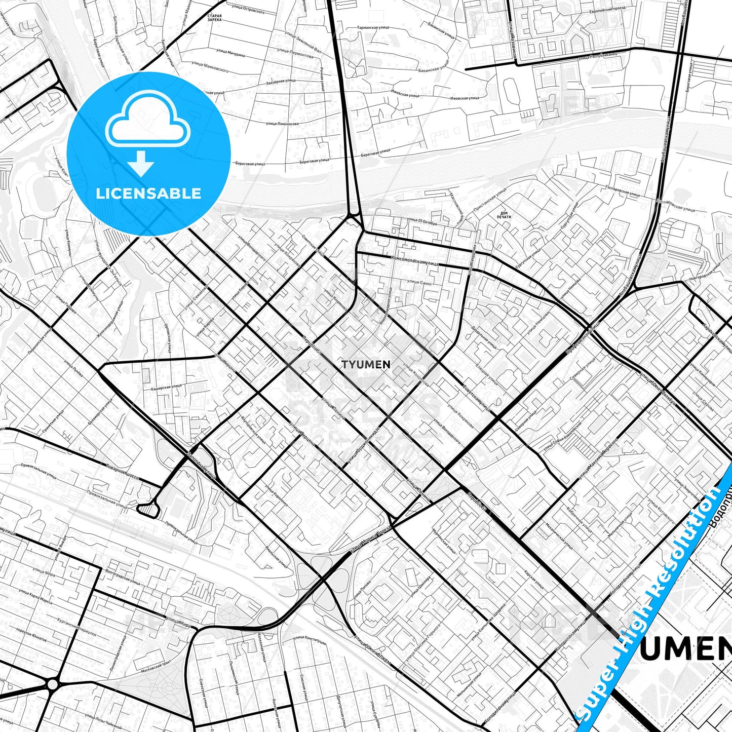 Tyumen, Russia Light Map with Street Names, City Names, and Districts