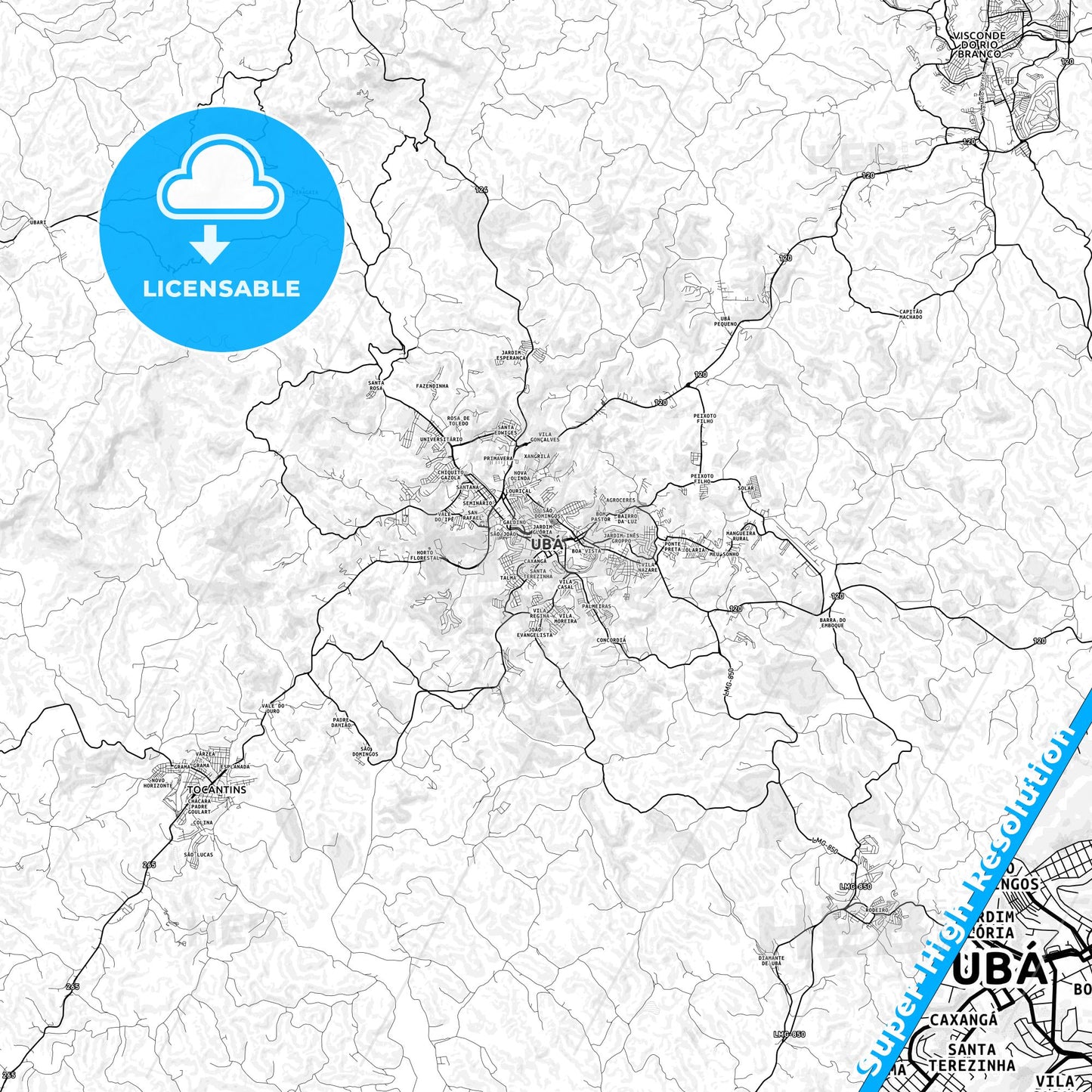 Uba, Brazil light map with streetnames, citynames and districts