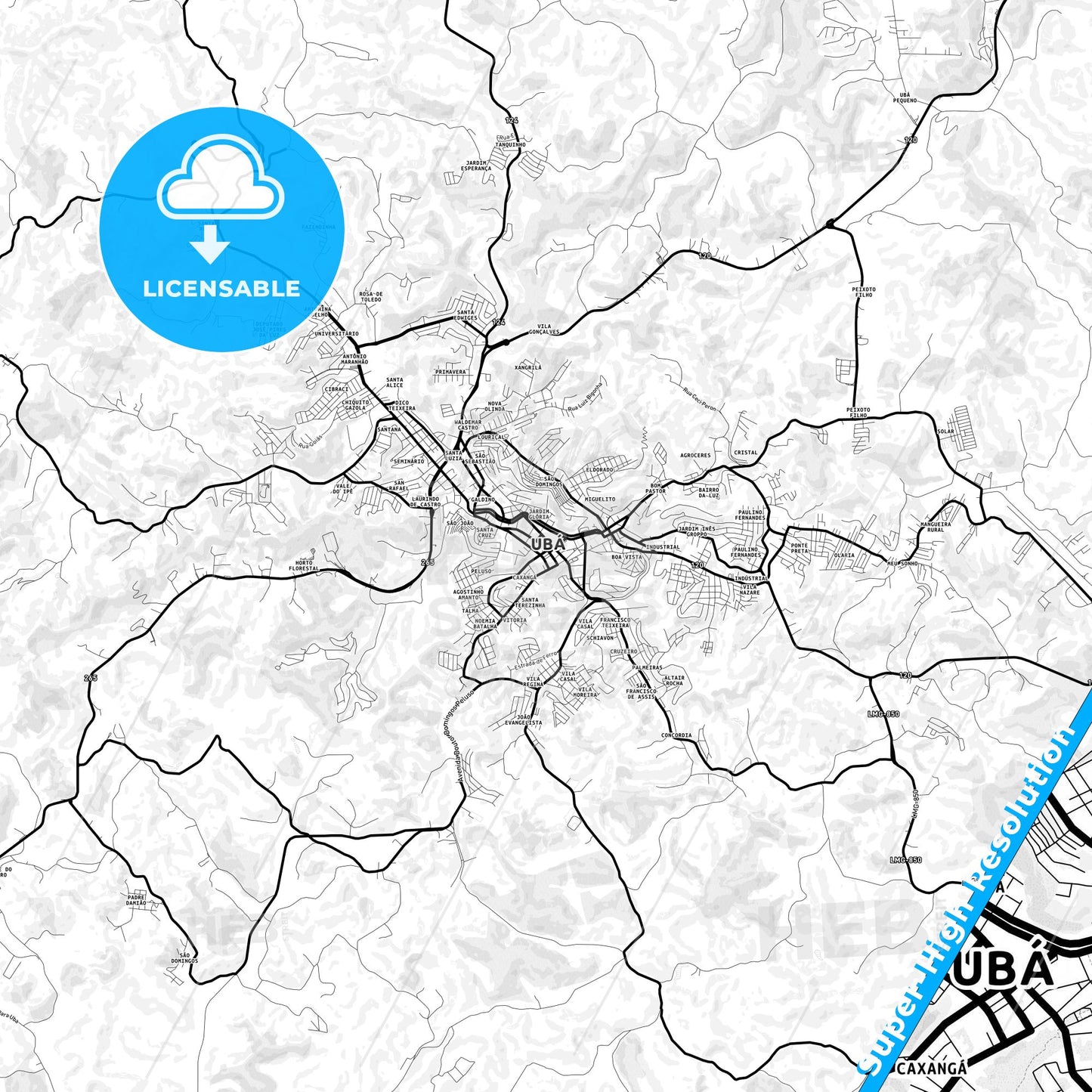 Uba, Brazil Light Map with Street Names, City Names, and Districts