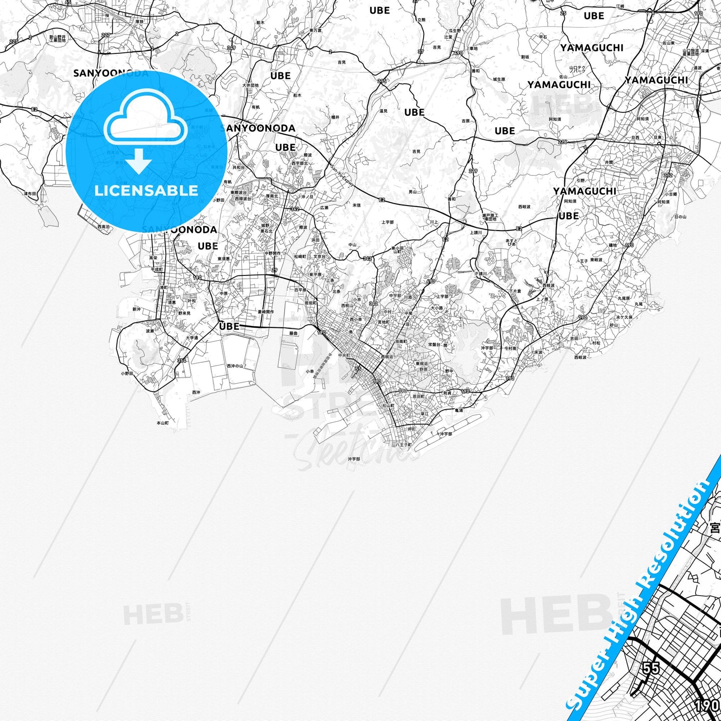 Ube, Japan light map with streetnames, citynames and districts