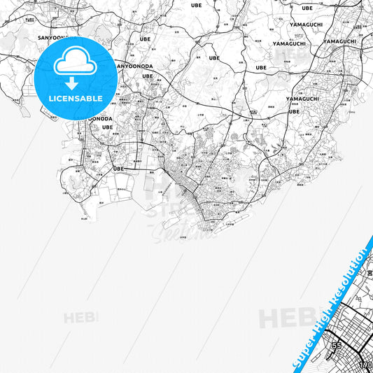 Ube, Japan light map with streetnames, citynames and districts