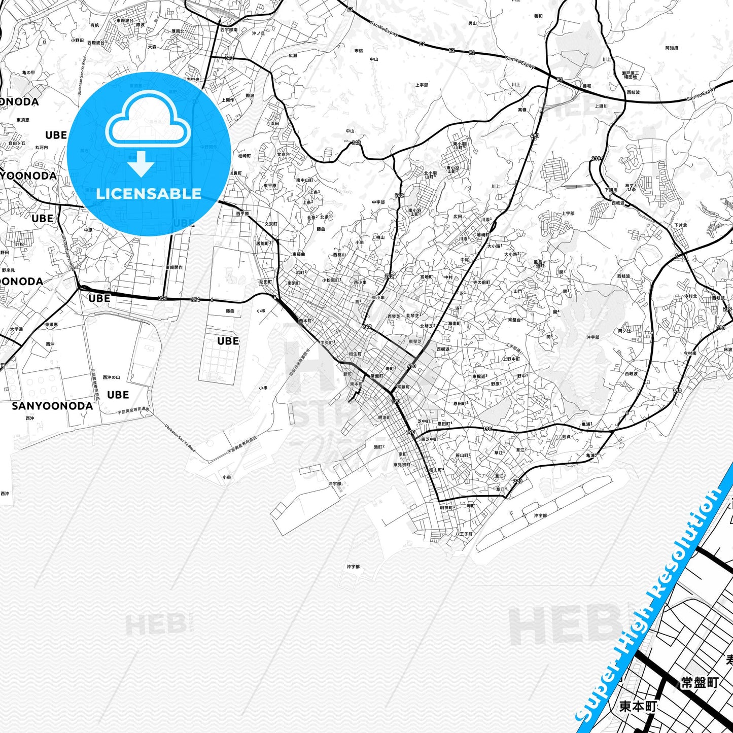 Ube, Japan Light Map with Street Names, City Names, and Districts