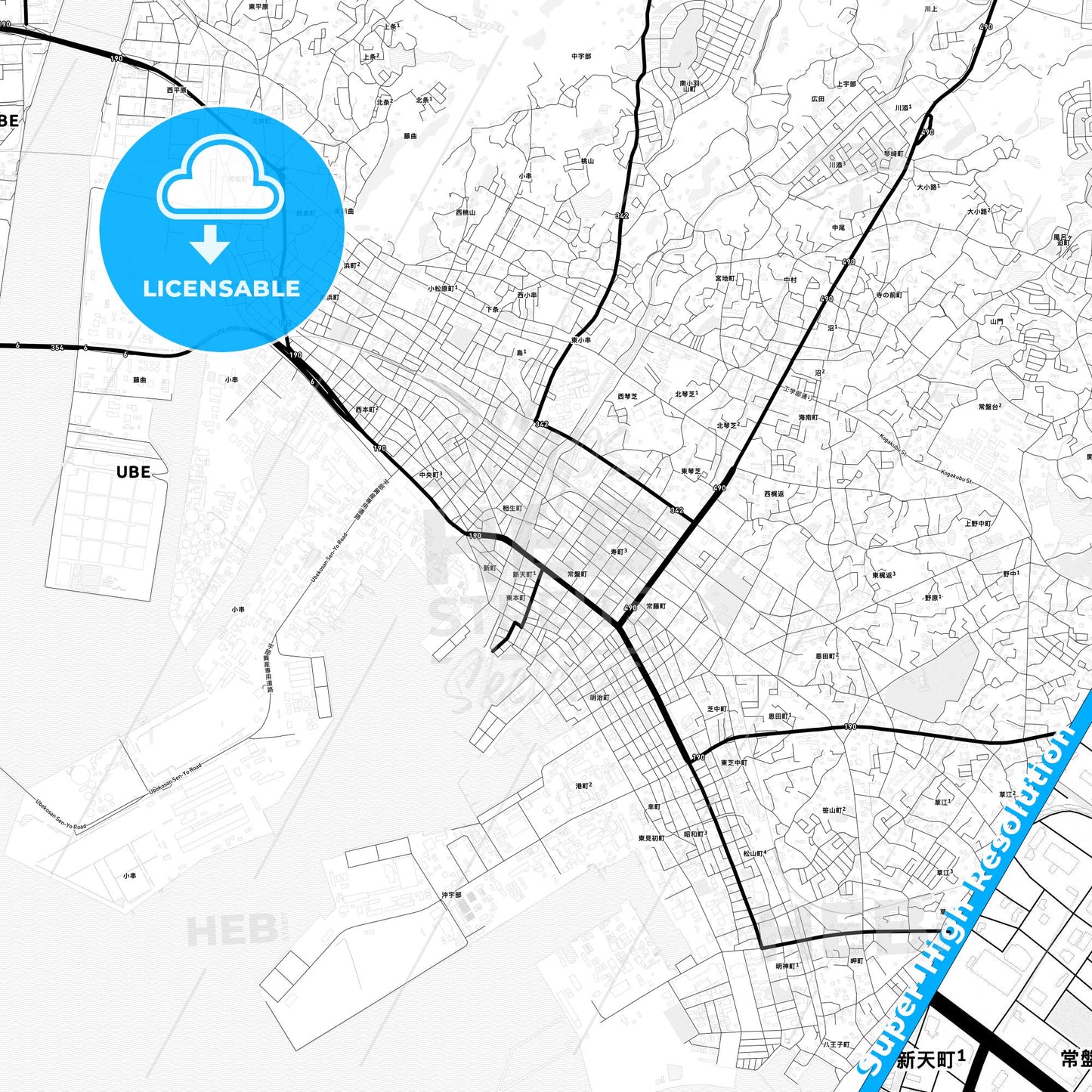 Ube, Japan Light Map with Street Names, City Names, and Districts