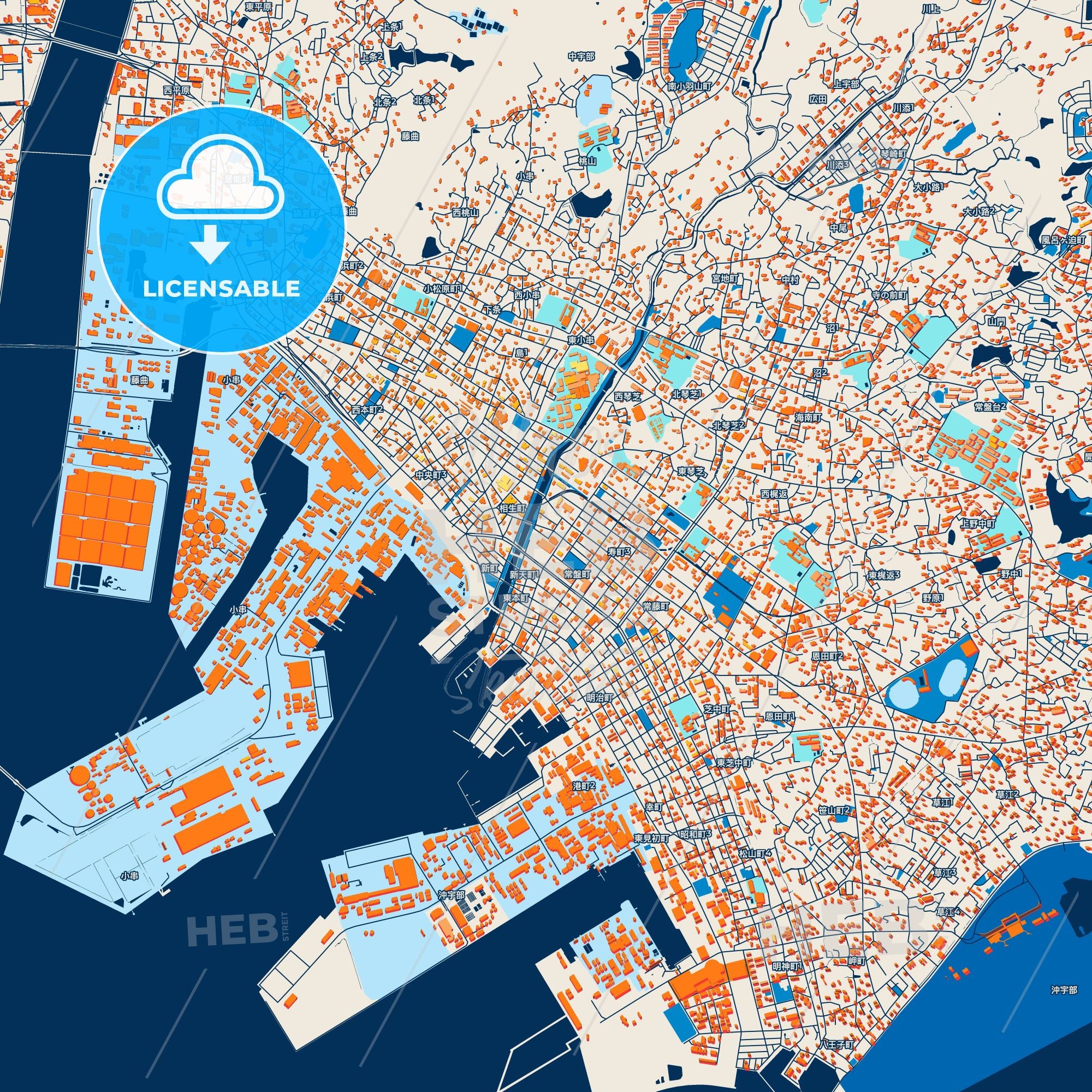Colorful Ube Street Map With Labels And Buildings – HEBSTREITS