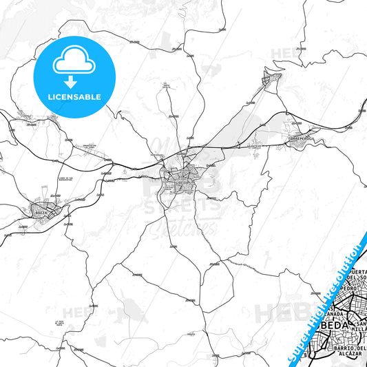 Úbeda, Spain light map with streetnames, citynames and districts