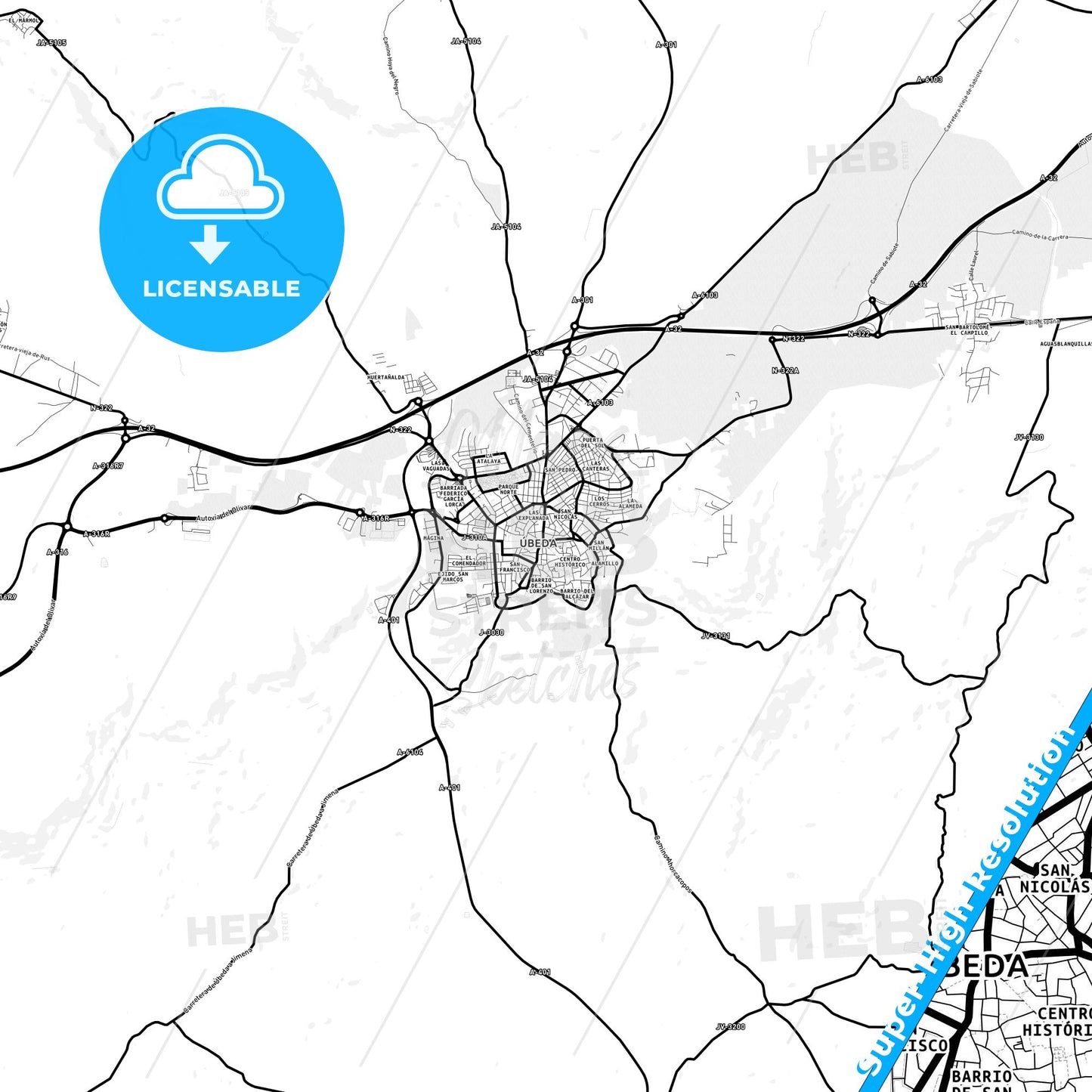 Úbeda, Spain Light Map with Street Names, City Names, and Districts