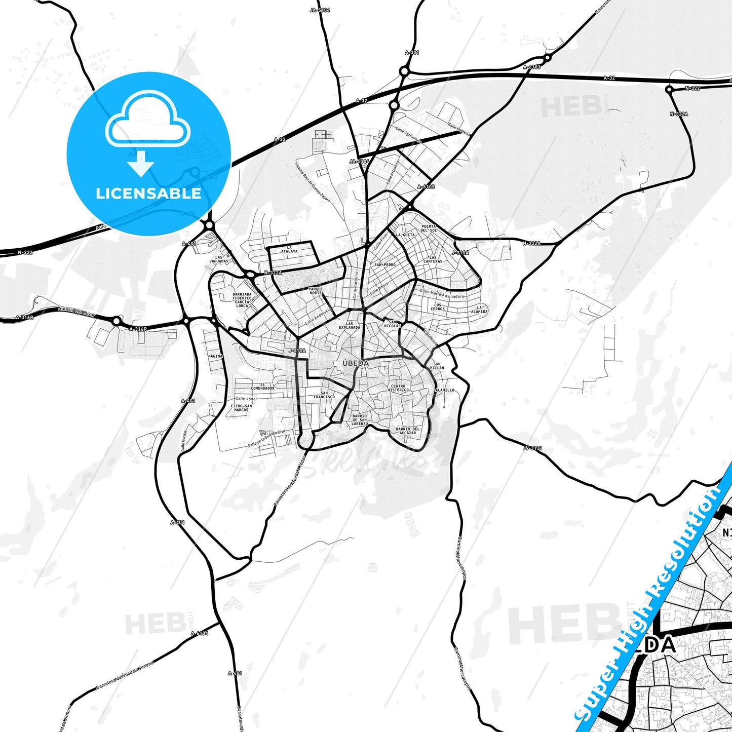 Úbeda, Spain Light Map with Street Names, City Names, and Districts