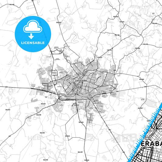 Uberaba, Brazil light map with streetnames, citynames and districts