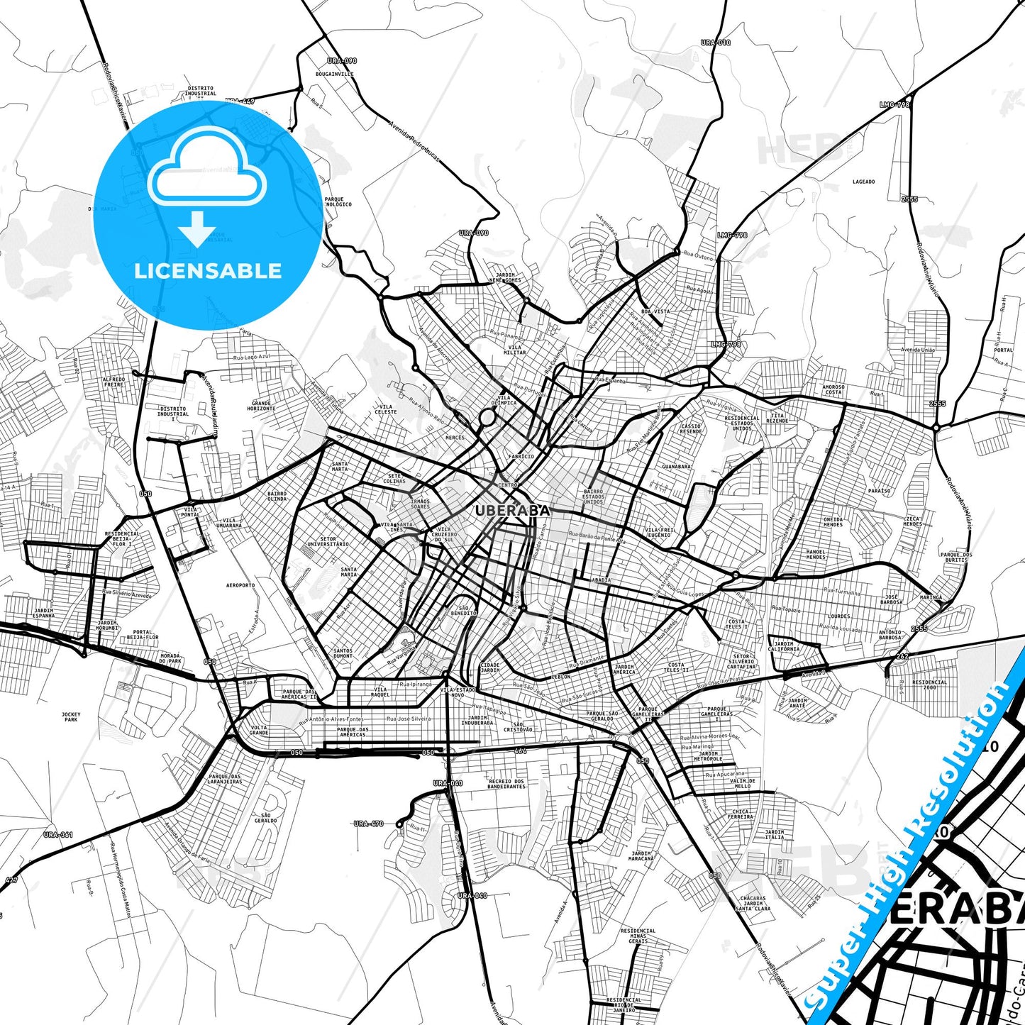 Uberaba, Brazil Light Map with Street Names, City Names, and Districts