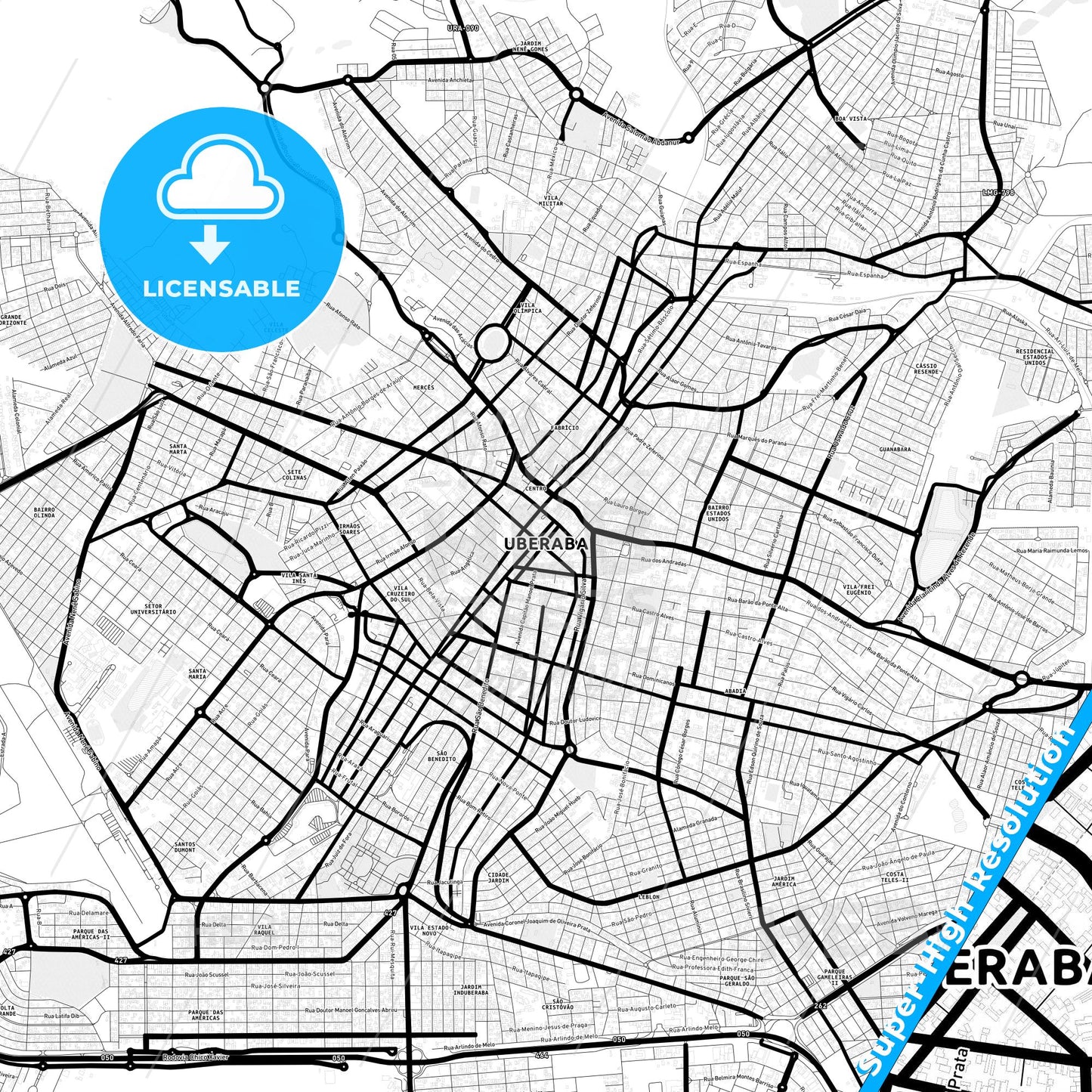Uberaba, Brazil Light Map with Street Names, City Names, and Districts