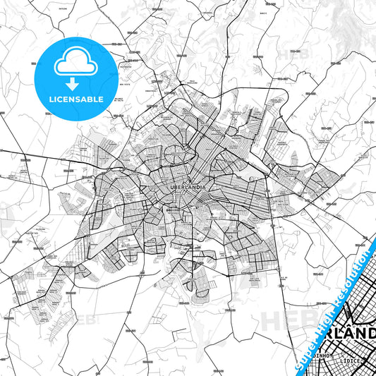 Uberlandia, Brazil light map with streetnames, citynames and districts