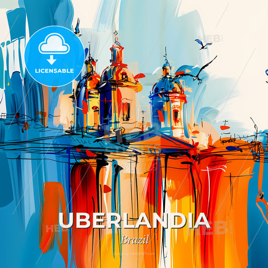 Vibrant Uberlandia, Brazil - A Painting Of A Building With A Blue Sky And Birds Flying - Square format print template
