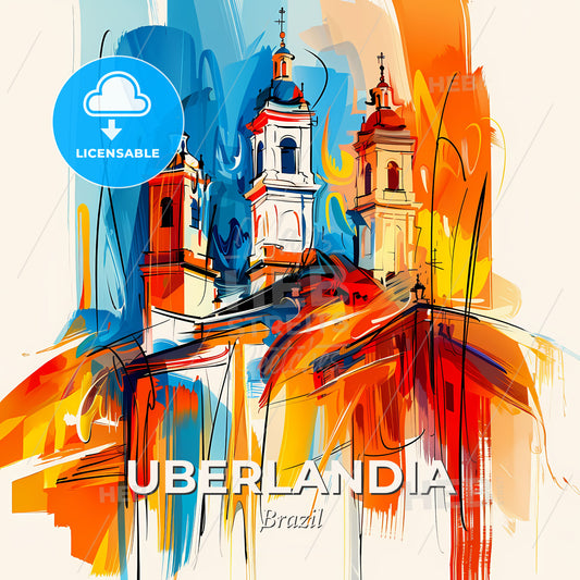 Vibrant Uberlandia, Brazil - A Painting Of A Building With Towers - Square format print template