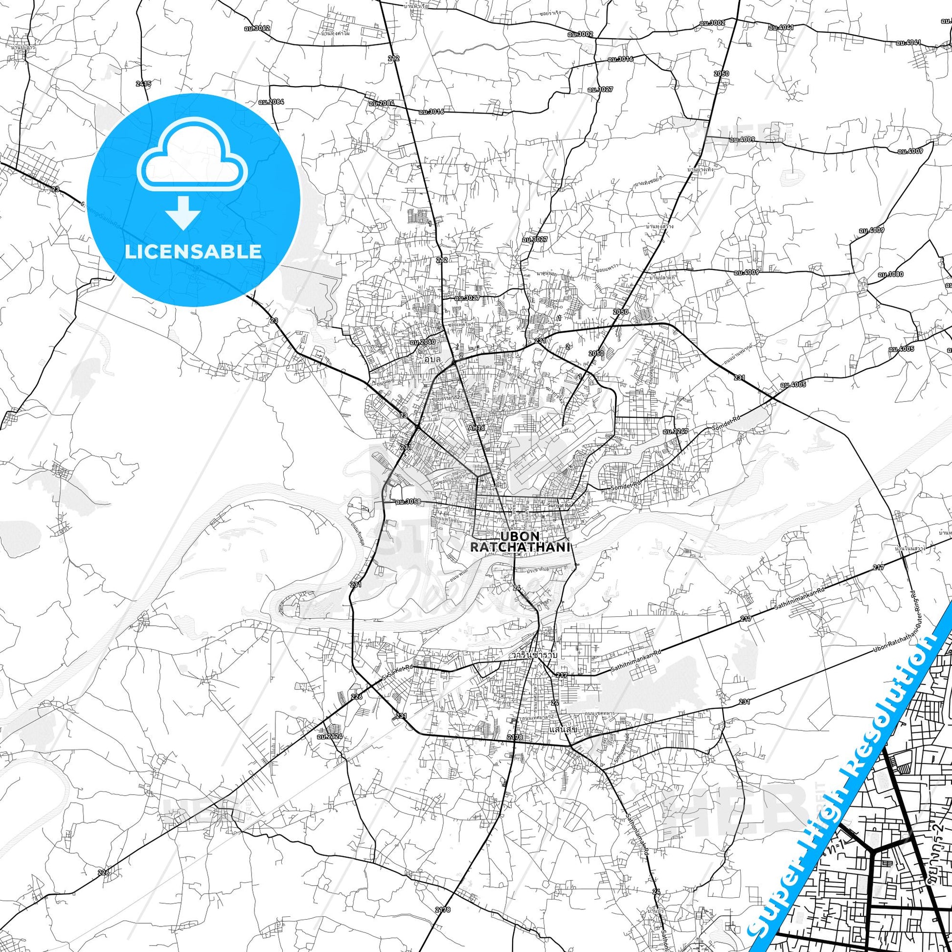 Ubon Ratchathani, Thailand light map with streetnames, citynames and districts