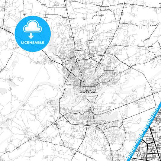 Ubon Ratchathani, Thailand light map with streetnames, citynames and districts