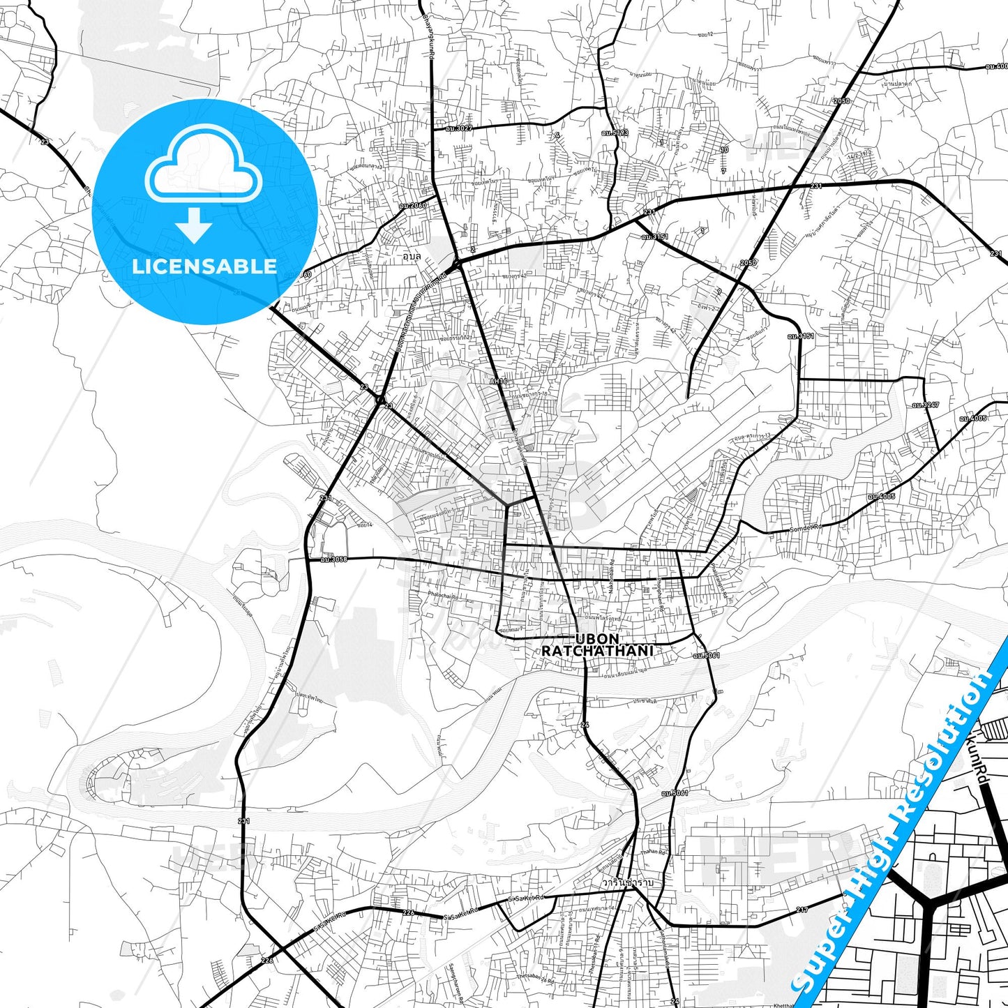 Ubon Ratchathani, Thailand Light Map with Street Names, City Names, and Districts