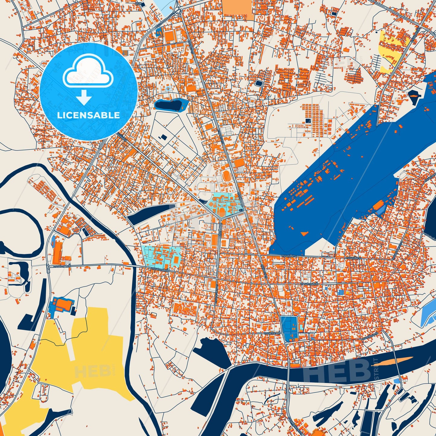 Colorful Ubon Ratchathani Street Map with Labels and Buildings
